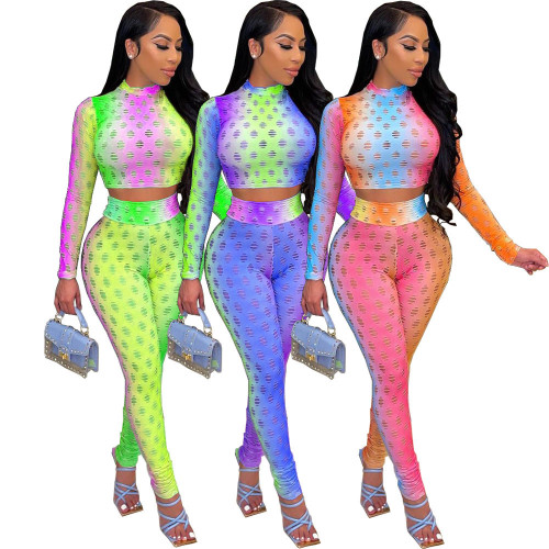 2021 new tie-dye hollow long-sleeved fashion suit women's slim printed two-piece suit