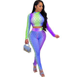 2021 new tie-dye hollow long-sleeved fashion suit women's slim printed two-piece suit