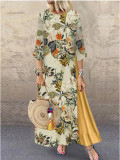 2021 French Retro Round Neck Cotton Blended Long Skirt Dress Flower Printed Big Swing Skirt