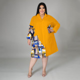 Stitching fat woman plus size women's European and American dress, lapel long-sleeve yellow shirt dress