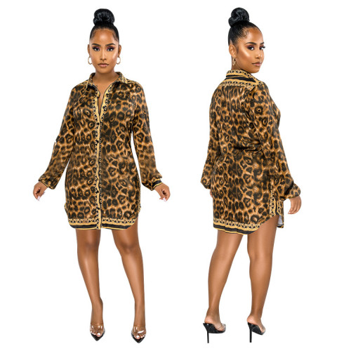 2021 loose waist mid skirt cardigan printed brown leopard shirt skirt