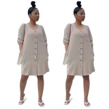 Dress mid-waist mid-skirt solid color cardigan shirt skirt cotton and linen jacket