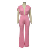 Pure color casual jumpsuit v-neck sleeveless drawstring pink jumpsuit trousers