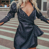 2021 new women's lace-up pleated irregular skirt sexy v-neck lantern sleeve polka-dot dress