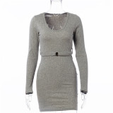 Sexy v-neck knitted long-sleeved short skirt slim-fit belt bag hip dress