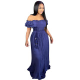 Ladies dress summer new style high-end mid-waist blue chest-wrapped rayon dress