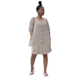 Dress mid-waist mid-skirt solid color cardigan shirt skirt cotton and linen jacket