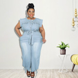 Plus size women's 2021 summer new style washed denim casual jumpsuit