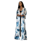 The new autumn imitation silk printing mid-length coat temperament commuter white pajamas robe