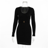 Sexy v-neck knitted long-sleeved short skirt slim-fit belt bag hip dress