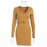 Sexy v-neck knitted long-sleeved short skirt slim-fit belt bag hip dress