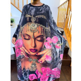 Fall plus size women's loose dress sexy casual print big swing round neck