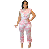 New style printed leisure umbilical exposed suit sleeveless two-piece suit