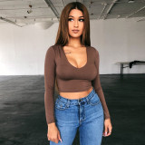 Women's solid color bottoming shirt sexy ultra short low-cut low-cut navel tight-fitting long-sleeved t-shirt