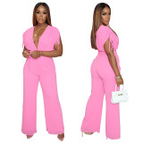 Pure color casual jumpsuit v-neck sleeveless drawstring pink jumpsuit trousers