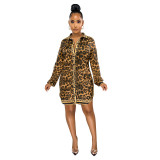 2021 loose waist mid skirt cardigan printed brown leopard shirt skirt