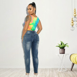 2021 summer new style ripped patch wash water fashion jeans women