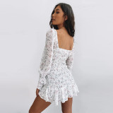 The new pleated ruffle skirt name heating quality floral skirt open back square collar long sleeve chiffon dress summer