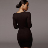 Sexy v-neck knitted long-sleeved short skirt slim-fit belt bag hip dress