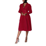 2021 autumn and winter new women's hot-selling solid color V-neck long-sleeved dress women