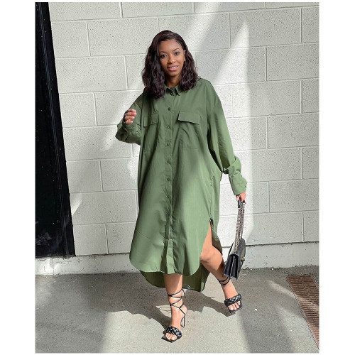 Plus size summer and autumn fashion women's loose fashion large size army green shirt skirt with pocket L-4XL