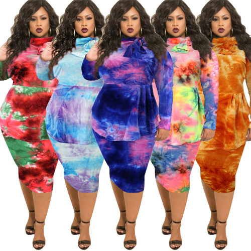 Autumn and winter tie-dye printing professional women's dress bowknot long-sleeved plus size dress