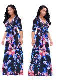 Autumn plus size sexy V-neck 7-point sleeves print European and American fashion big swing skirt flower dress belt