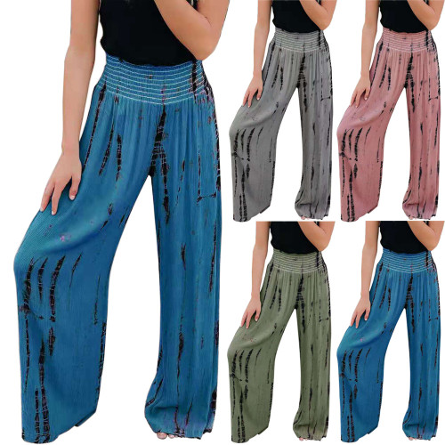 Fashion elastic high waist pocket spun cotton wide leg pants casual pants