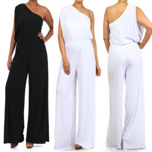 Summer diagonal off-shoulder jumpsuit casual loose high waist cotton blended trousers