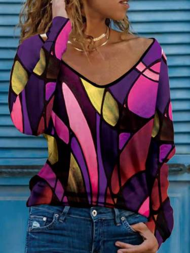 Fashion printed V-neck cotton blended long-sleeved loose women's T-shirt