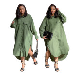 Plus size summer and autumn fashion women's loose fashion large size army green shirt skirt with pocket L-4XL