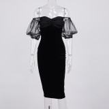 2021 summer women's velvet see-through puff sleeve one-neck midi skirt dress