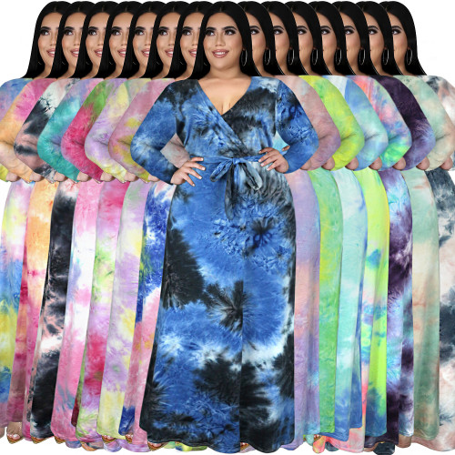 Autumn and winter sexy V-neck split long-sleeved fashion casual plus size dress tie-dye long skirt women