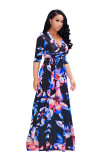 Autumn plus size sexy V-neck 7-point sleeves print European and American fashion big swing skirt flower dress belt