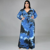 Autumn and winter sexy V-neck split long-sleeved fashion casual plus size dress tie-dye long skirt women