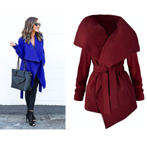 Autumn and winter women's long-sleeved large lapel belt irregular woolen coat jacket