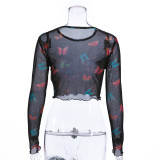ins fashion new slim round neck bottoming shirt top butterfly printing gauze sexy long-sleeved t-shirt summer