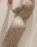 Gold sequins v-neck mermaid long wedding dress mid-waist lotus sleeve evening gown