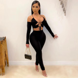 Fall/Winter Women's Tie Rope Long Sleeve Strapless Tube Top Sling Strap Tight Sexy Suit S-4XL