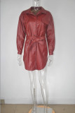 Women's fall/winter hot style long-sleeved lapel waist PU leather dress S-4XL