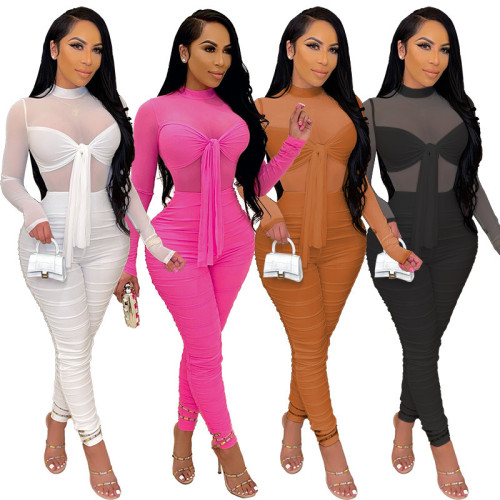 2021 autumn new style long-sleeved tight-fitting strap high-stretch nightclub sexy net gauze jumpsuit S-4XL