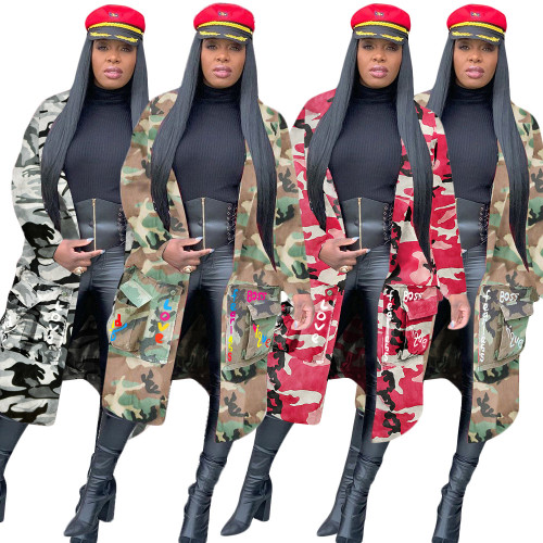 Autumn long casual fashion European and American camouflage printed patch jacket women