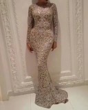 Gold sequins v-neck mermaid long wedding dress mid-waist lotus sleeve evening gown