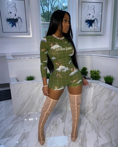 Sexy fashion mesh printed long-sleeved jumpsuit