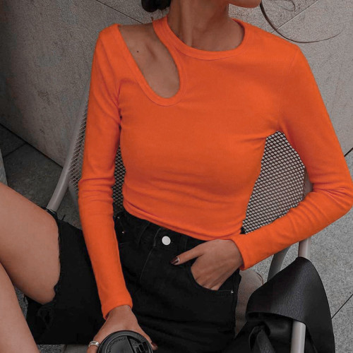 2021 autumn and winter new irregular hollow long-sleeved tops women round neck solid color slim T-shirt