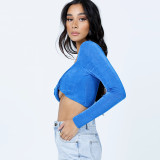 Women's Fall 2021 New Sexy V-neck Solid Color Slim Long Sleeve Twisted Top T-shirt Women