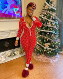 Women's Christmas long-sleeved cotton blended jumpsuit Polka dot pajamas printed winter