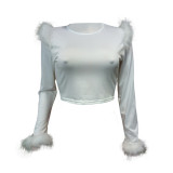 Women's autumn and winter new products pure color feather stitching long-sleeved short female T-shirt
