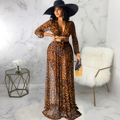 Sexy fashion net yarn printing stitching suit two-piece suit