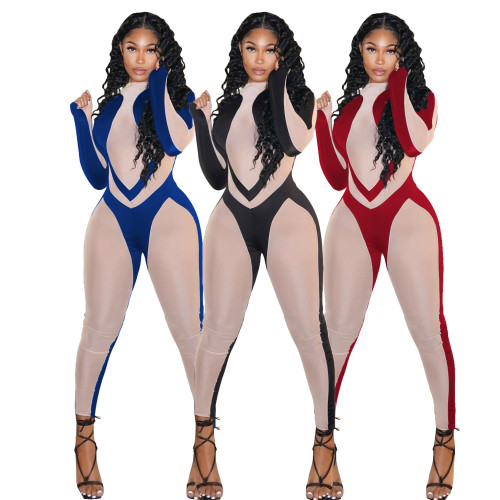 Cotton blended women's stitching jumpsuit sweatpants nightclub party tight sexy jumpsuit summer